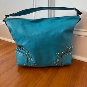 Teal shoulder bag with gold details